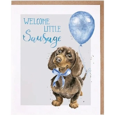 Wrendale Designs Přání k narození dítěte "Little Sausage" - Jezevčík v modré