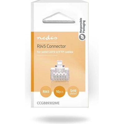 Nedis CCGB89302ME за твърд кабел, UTP RJ45 CAT5 щепсел, с възможност за монтиране, позлатен, 10 бр. /пак (CCGB89302ME)