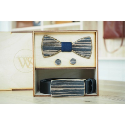Wood Style Set Kulatý Modrotisk opasek motýlek a manžetové knoflíčky Hnědá Dub černý