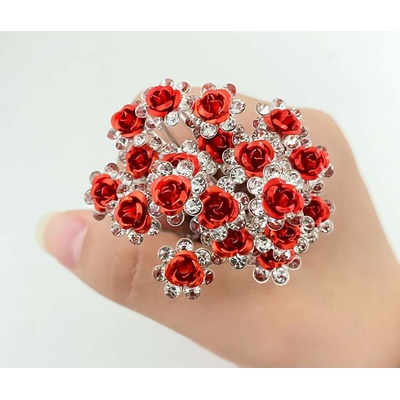 Naishide Jewelry Svatební vlásenky Růže s kamínky 10 ks - stříbrná/červená