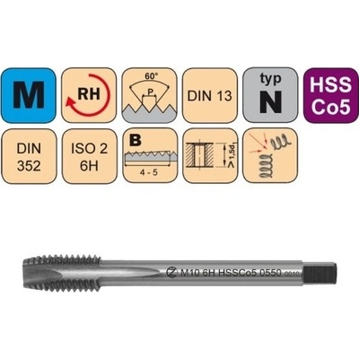NÁSTROJE CZ Krátký strojní závitník /CZZ0550/ HSSCo5 pro metrický závit s přímou drážkou a lamačem CZZ Závit: M3