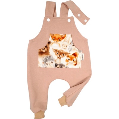 Dětské laclové kalhoty s kapsou lesní přátelé na béžové