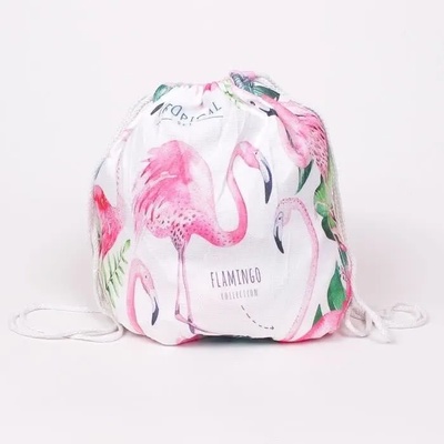 Практична плажна кърпа - раница в бяло с розово фламинго