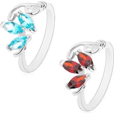 Šperky eshop prsten ve stříbrném odstínu tři broušená zrnka tenké zahnuté linie R45.4 Světlemodrá