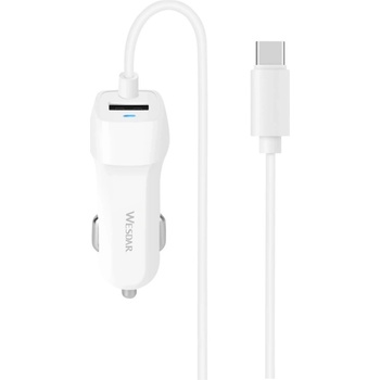 Wesdar Зарядно за кола Wesdar - U13, USB/кабел USB-C, бяло (U13 TYPE C)