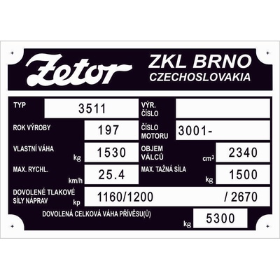 Výrobní štítek Zetor 3511 váha 1530kg rok 197