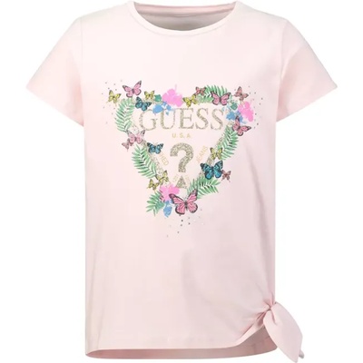 GUESS Тениска с къс ръкав в розово с цветно лого и пеперуди за момиче Guess