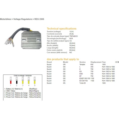 DZE regulátor napětí SUZUKI GS 450L 84-88; GS 700E 85-86; GS 750ES/EF/ESD 83-85; GS 1100ES/EF 84-86; GR 650 TEMPTER 83 (ESR130,RGU-301)