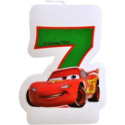 Procos Cars dortová svíčka bílá se zeleným číslem 7 a s autíčkem