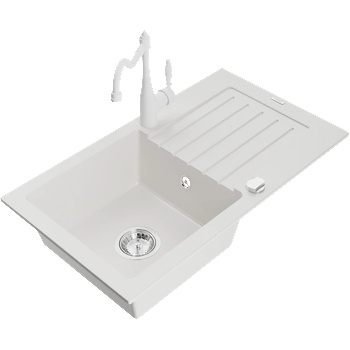 Mexen Pablo еднокамерен гранитен мивка с отцедник и кухненски смесител Carla, бял - 6510-20-670700-20 (6510-20-670700-20)