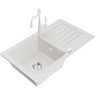 Mexen Pablo еднокамерен гранитен мивка с отцедник и кухненски смесител Carla, бял - 6510-20-670700-20 (6510-20-670700-20)