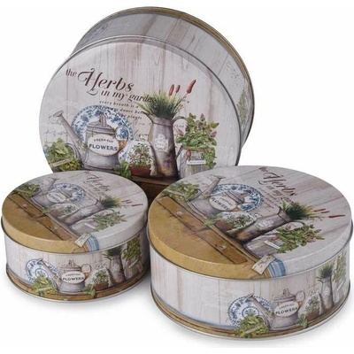 Emocio Plechová kulatá dóza Herbs, set 3 ks, 200 × 90/185 × 80/140 × 65 mm