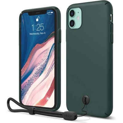 elago Slim Fit Strap Case - качествен поликарбонатов кейс с каишка за китката за iPhone 11 (тъмнозелен)