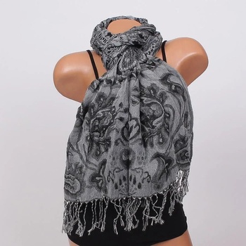 Image 1 of Зимен шал в черно и сиво с флорални мотиви и орнаменти