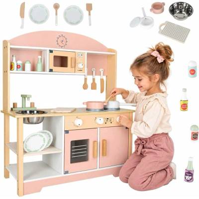 KIK Detská drevená kuchynka MODERN CLASSIC s príslušenstvom, ružová, 82 cm