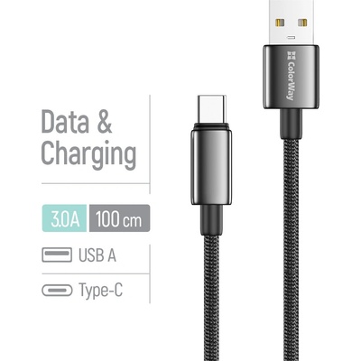 ColorWay CW-CBUC098-BK USB-A – USB-C (zinková zliatina, nylonové opletenie) 3A 1m černý