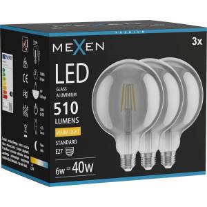 Mexen Vintis 3x LED филаментна крушка E27, G125, 6W, Топла - 2700K, 510 lm, опушена (L158-E27-0627-70x03)