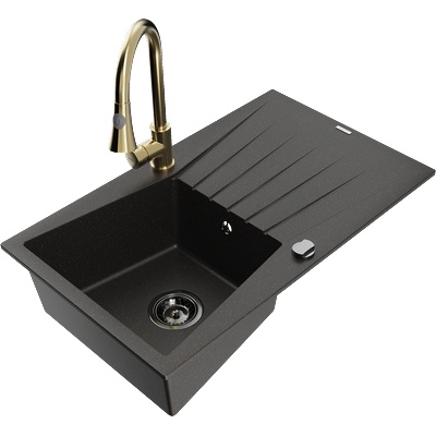 Mexen Cesar гранитна мивка с 1 отделение, с отцедник и кухненски смесител Elia, черен/златен металик - 6514-75-670101-50-B (6514-75-670101-50-B)