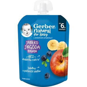 Nestle Плодово пюре Nestle Gerber - Пауч с ябълка, боровинка и банан, 6 m+, 80 g (12513277) - baby