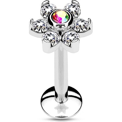 Šperky4U piercing do brady labreta kytička duhový/čiré kamínky LB1074-1206