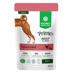 AKVATERA Nature's Protection DOG Prime Adult Dogs Active All Breeds - with Chicken and Beef, пауч за пораснали активни кучета от всички породи - хапки в сос с пилешко и говеждо месо, Литва - 85 гр 210702