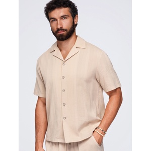 Ombre Clothing Мъжка памучна риза с кубински яка - светлокафяв V1 OM-SHSS-0221 Ombre Clothing Ombre Clothing | Siv | МЪЖЕ | M