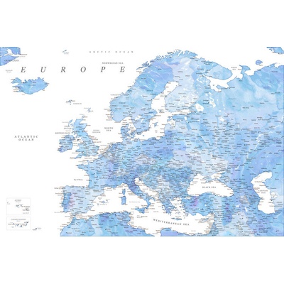 Plagát, Obraz - Detailed map of Europe in shades of blue watercolor, Blursbyai, 40 × 26.7 cm