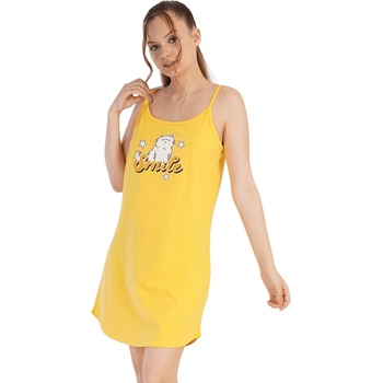 Нощница с тънки презрамки в жълто с коте