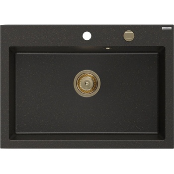 Mexen Elix гранитна кухненска мивка, 1 камера, 700 x 500 мм, черна/златен металик, златен сифон - 6526701005-75-G (6526701005-75-G)