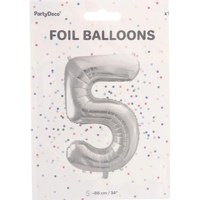 PartyDeco Fóliový balónek číslo 5 stříbrný 86 cm