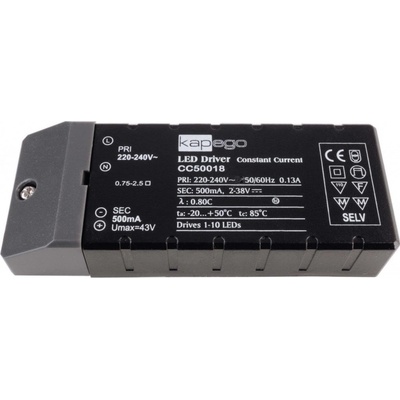 Dekolight KapegoLED napájení CC50018 konstantní proud 500 mA IP20 2-38V DC 18,00 W 180513