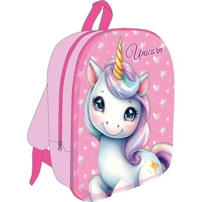 EU 3D dětský batoh UNICORN - JEDNOROŽEC Hvězdy 1 kapsa růžový 30 cm