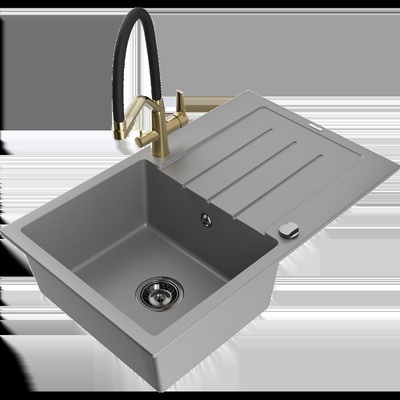 Bruno кухненска мивка гранитна 1-камерна с отцедник и кухненски смесител Duo, сив - 6513-71-671701-57-B (6513-71-671701-57-B)