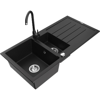 Mexen Andres гранитна мивка 1, 5-камерна с отцедник и кухненски смесител Telma, черен - 6515-77-670200-70 (6515-77-670200-70)
