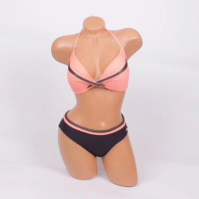 Бански в коралово и черно с лъскави ленти - чашка c