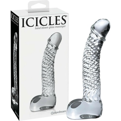 Icicles No. 61 sklenené dildo s semenníkmi a penisom priehľadné