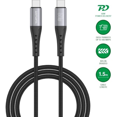 4smarts Кабел с бързо зареждане за устройства с USB-C порт - 4smarts USB-C to USB-C Data Cable 60W (черен) (150 см) (541454)