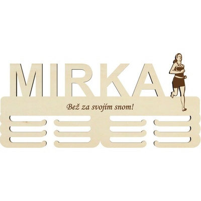 LYMFY Dřevěný držák na medaile s laserováním 45cm běh přírodní dřevo – Zboží Dáma