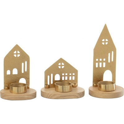Set 3ks svícen domek na čajovou svíčku House gold - 9*9*19 cm - J-Line by Jolipa