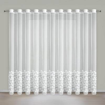 Záclona CLARA s kvetmi a korálkami na dekoračných krúžkoch 400x250cm - biela