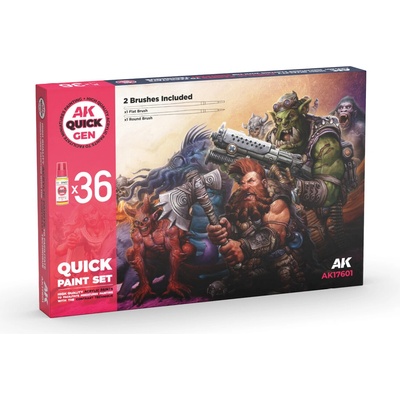 AK Interactive Quick Gen Quick Paint Set 36 barev a 2 štětce