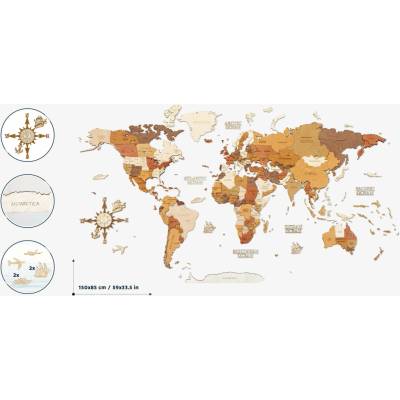 Nástenná drevená mapa sveta L150 - Adventurer - 150 x 85 cm