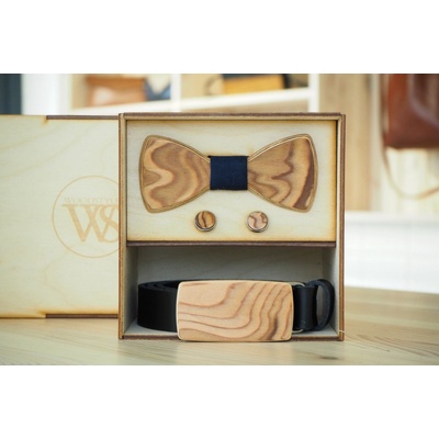 Wood Style Set Kulatý Modrotisk opasek motýlek a manžetové knoflíčky Hnědá Kořenice