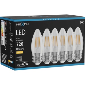 Mexen Vintis 6x LED крушка с нажежаема жичка E27, C35, 6W, Топла - 2700K, 720 lm, прозрачна (L154-E27-0627-00x06)