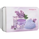 Dermacol Lilac Flower Shower tělový peeling 200 g + krém na ruce 30 ml + dekorativní vonná svíčka + plechová krabička darčeková sada