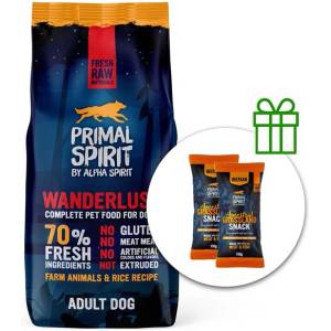 PRIMAL Spirit Dog 70% Wanderlust - пиле и сьомга 12 кг + 2 x Лакомства безплатно