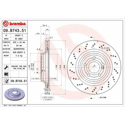 BREMBO brzdový kotúč 09.B743.51, sada 2 ks