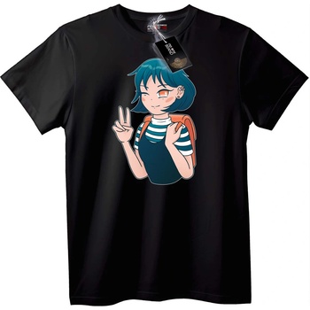NOONEBRAND Тениска Anime Момиче знак на мир - 2XL, Black