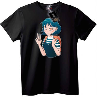 NOONEBRAND Тениска Anime Момиче знак на мир - 2XL, Black