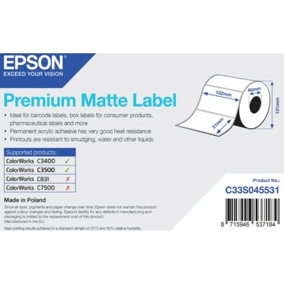 Epson C33S045531 Preмiuм Matte, за ColorWorks, 102x51мм, 650 бр, бели самозалепващи етикети (C33S045531)